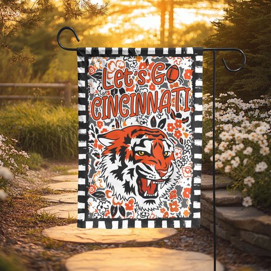 Let's Go Cincinnati Garden Flag, Abstract Flower Mascot, Cincinnati Football Fan Decor Garden, Game Day Flag