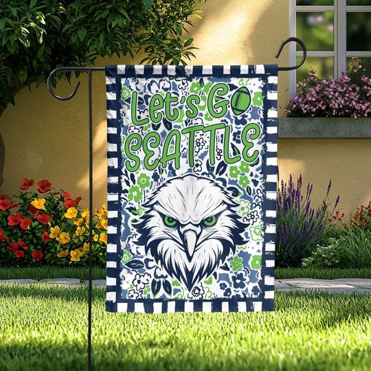 Let's Go Seattle Garden Flag, Abstract Flower Mascot, Seattle Football Fan Decor Garden, Game Day Flag