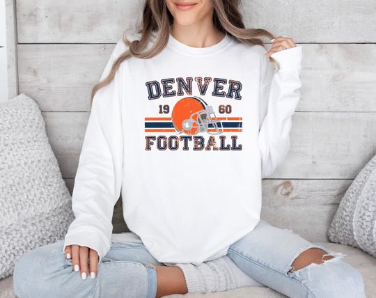 Distressed Denver FootballLong Sleeve Shirt, Broncos Football Crewneck Retro Broncos Gift for Denver Broncos Football Fan Broncos Gift