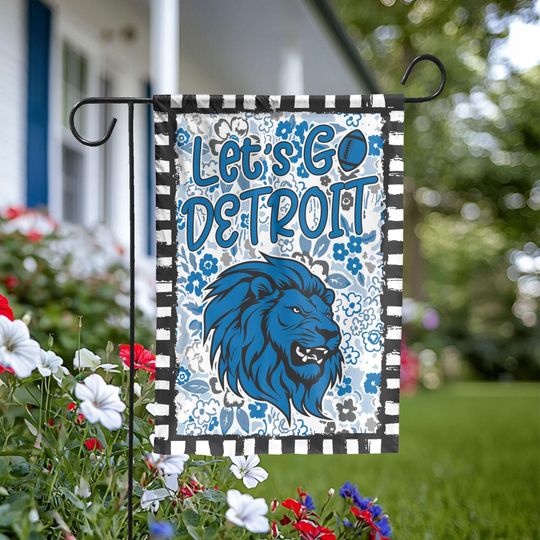 Let's Go Detroit Garden Flag, Abstract Flower Mascot, Detroit Football Fan Decor Garden, Game Day Flag