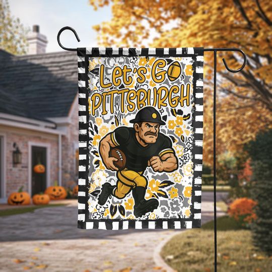 Let's Go Pittsburgh Garden Flag, Abstract Flower Mascot, Pittsburgh Football Fan Decor Garden, Game Day Flag