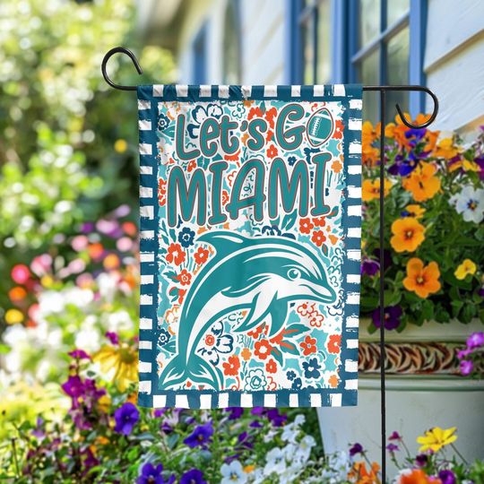 Let's Go Miami Garden Flag, Abstract Flower Mascot, Miami Football Fan Decor Garden, Game Day Flag