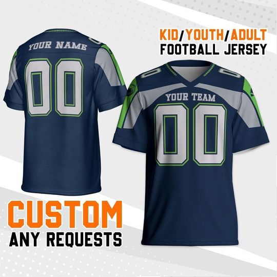 Discover Personalized Seahawk Navy Football Jersey, Custom Shirt For Adult Kid, Game Day Outfit For American Football Fan, Gift for Him, Gift for her