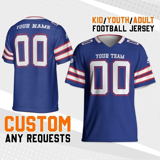 Discover Personalized Buffalo Blue Football Jersey, Custom Shirt For Adult Kid, Game Day Outfit For American Football Fan, Gift for Him, Gift for her