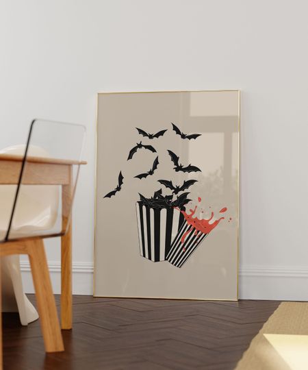 Discover Printable Halloween Scary Movie Popcorn | Beige Halloween Print | Spooky Season Decor | Creepy Bats Wall Art
