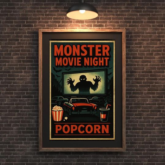 Retro Monster Movie Night Poster, Vintage Drive-In Horror Art Print, Halloween Wall Decor, Scary Movie Theater Popcorn Sign