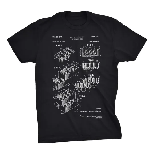 Discover Building Brick Patent Art T-Shirt. Cotton T. Black White or Gray NEW