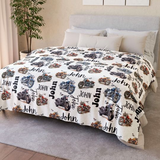 Discover Personalized Name Motorcycle Blanket Gift, Custom Xmas Biker Throw, Christmas Eve Box Gift, Toddler Baby Boy Teen Men Dad Birthday Present