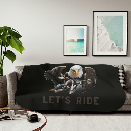 Let's Ride - American Bald Eagle Riding a Motorcycle Sherpa Blanket | Blanket for Him | Manly Blanket | Blanket for Her | Bird Lover Blanket