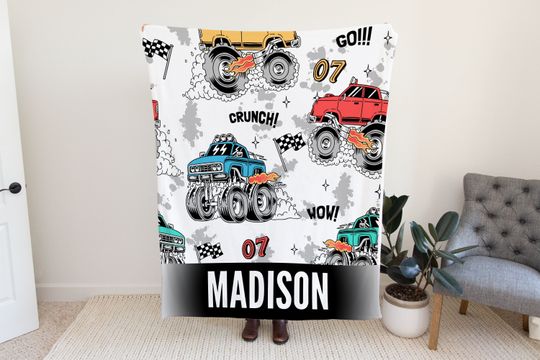 Discover Personalized Monster Trucks Blanket, Custom Cars Blanket for Kids, Customizable Blanket, Personalized Blanket for Kids, Blanket with Name