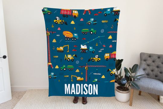 Discover Personalized Construction Blanket, Dump Truck Custom Blanket, Personal Blanket for Kids, Custom Blanket Name, Construction Vehicles Blanket