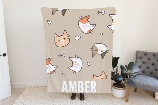 Discover Custom Cat Blanket for Kids, Personalized Blanket with Cat Design, Custom Blanket with Name Option, Brown Blanket with Cats, Blanket for Kid