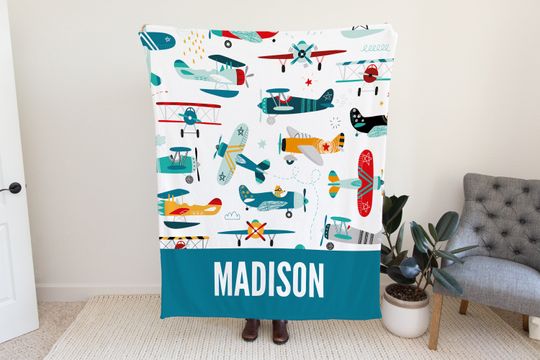 Discover Personalized Airplane Blanket, Cute Custom Blanket with Planes, Custom Baby Name Blanket, Birthday Gift Blanket for Toddler, Plane Blanket