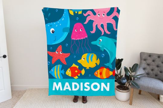Discover Personalized Fish Blanket, Blanket with Sea Animals, Custom Blanket with Fishes, Fishies Blanket for Kids, Custom Name Blanket for Toddlers