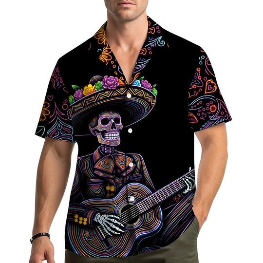 Discover Day of the Dead Skeleton Guitar Hawaiian Shirt Men Women Youth