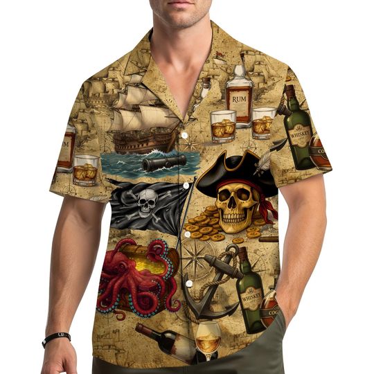 Pirate Skull Hawaiian Shirt Men Women Youth, Rum Whiskey Cognac Print Aloha Shirt