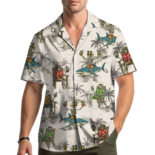 Discover Shark Skeleton Hawaiian Shirt, Funny Beach Button Up Short Sleeve for Adults & Youth