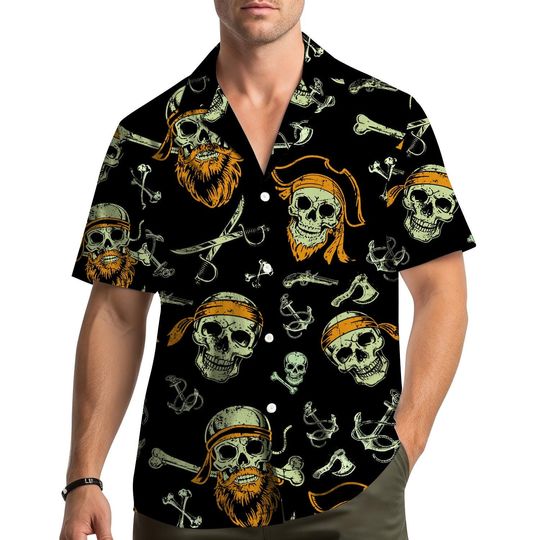 Discover Pirate Skull Hawaiian Shirt Men Women Youth, Skeleton Bandana Beard Print