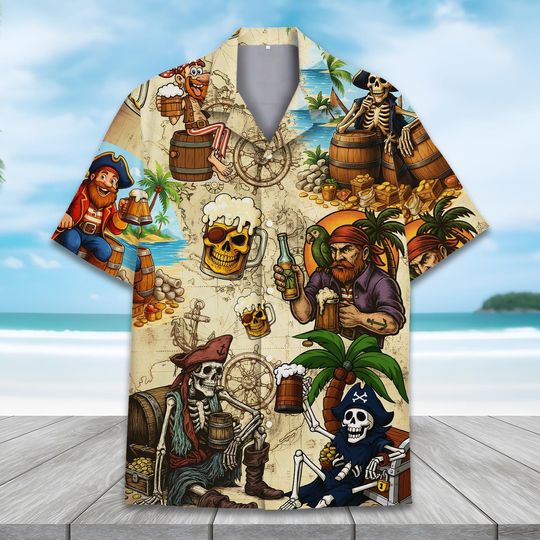 Discover Pirate Hawaiian Shirt for Men Women Youth, Funny Skeleton, Beer & Treasure Map Shirt