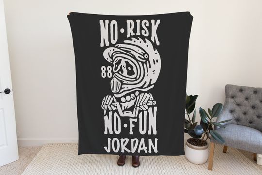 Custom Blanket No Risk No Fun, Motocross Blanket for Teenagers, Persoanlized Blanket with Skull, Customizable Blanket Gift Idea for Boys