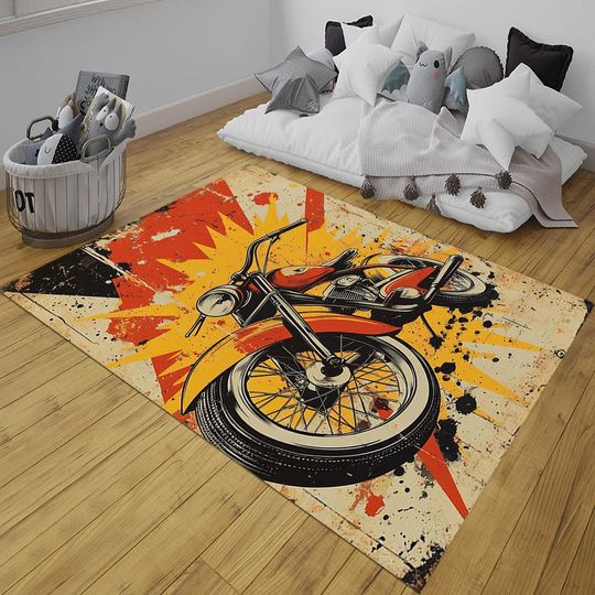 Retro Motorcycle Rug, Vintage Biker Pop Art Carpet, Bold Harley Style Floor Mat, Garage or Man Cave Decor, Cool Boys Room Motorcycle Rug,Mat