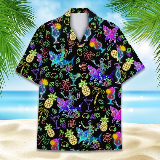 Discover Neon Skeleton Riding Shark Hawaiian Shirt For Men, Cocktail Retro 80s Button-Up
