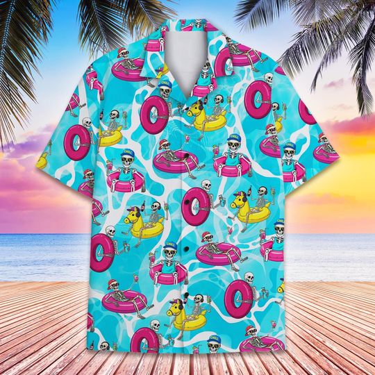 Discover Funny Skeleton Pool Float Hawaiian Shirt for Men Women Youth