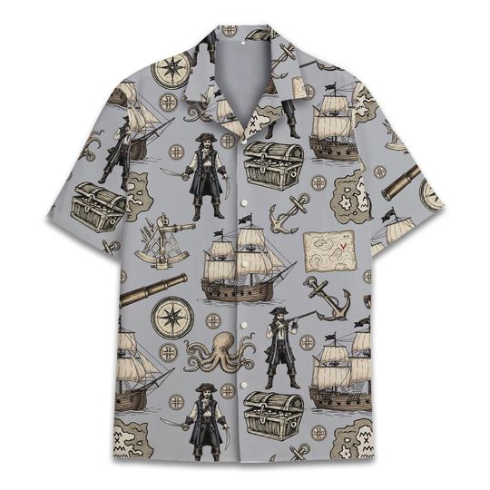 Pirate Hawaiian Shirt for Men Women Youth, Funny Skeleton & Pirate Ship Shirt