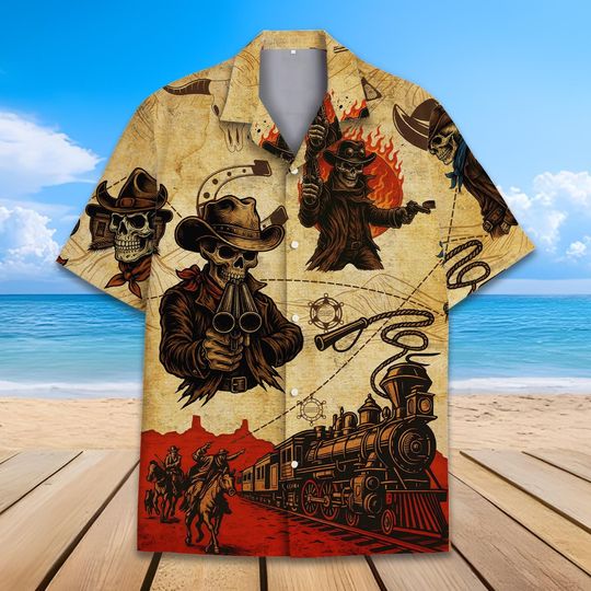 Western Skeleton Cowboy Hawaiian Shirt Men Women Youth, Outlaw Train Robbery Shirt