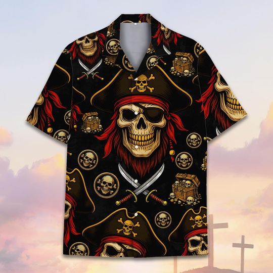 Pirate Hawaiian Shirt for Men Women Youth, Funny Skull Treasure Map Shirt