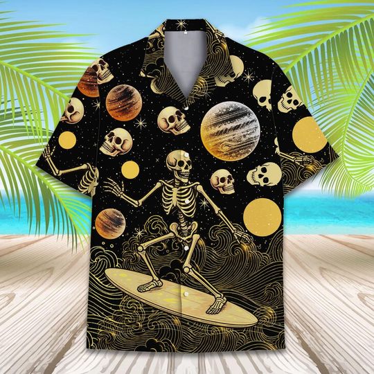 Skeleton Surfer Space Hawaiian Shirt for Men Women Youth