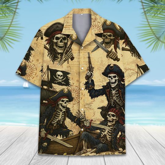 Discover Pirate Hawaiian Shirt for Men Women Youth, Funny Skeleton, Beer & Treasure Map Shirt