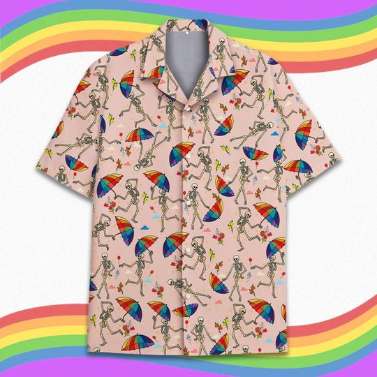 Discover Pride Skeleton Hawaiian Shirt Men Women Youth, LGBT Rainbow Umbrella Shirt