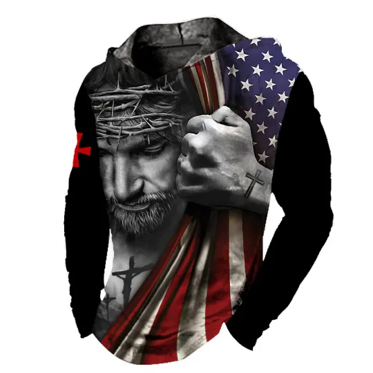 Discover Men's 3D Hooded T-Shirt with Jesus Cross USA Flag Design