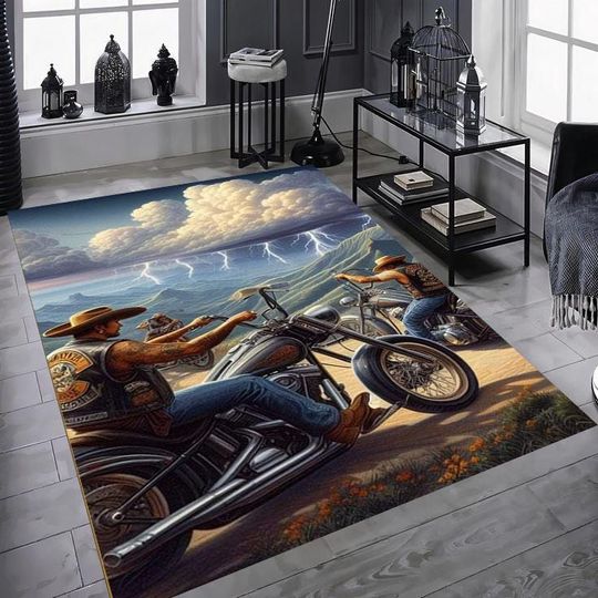 Motorcycle Gang Rug, Haarleyy Davidson Pattern Rug Artwork Rug, Luxury Rug,Saloon Rug, Non Slip Rug, Washable Rug, Home Gift Rug,New Year Gift
