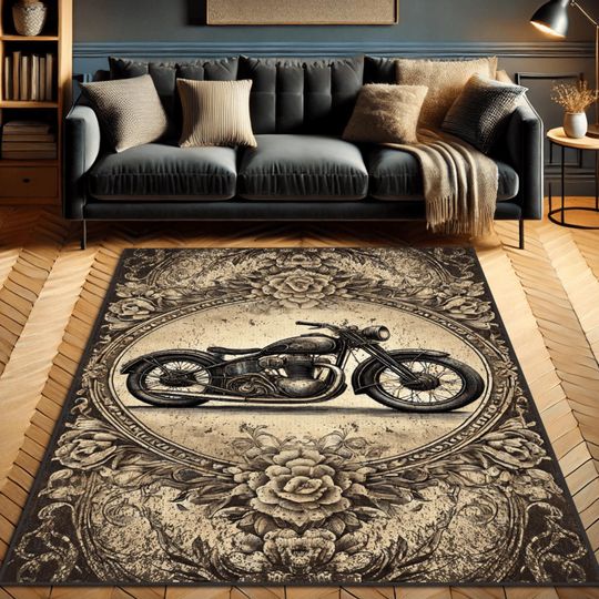 Discover Vintage Motorcycle Rug: Retro Biker Art, Floral Accents