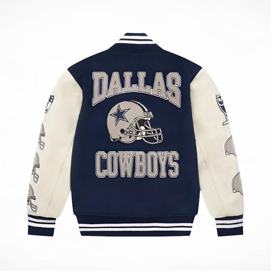 Discover Dallas Cowboy Varsity Jacket: Retro Letterman Bomber - Blue & Beige