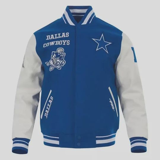 Discover Letterman Dallas Cowboys Blue Wool & White Leather Stand Up Collar Vintage Varsity Custom Jacket For Men Streetwear College Jacket