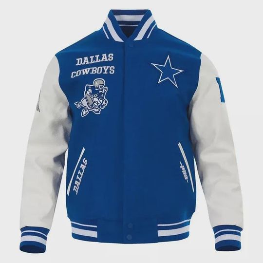 Discover Letterman Dallas Cowboys Blue Wool & White Leather Stand Up Collar Vintage Varsity Custom Jacket For Men's Streetwear, College Jacket