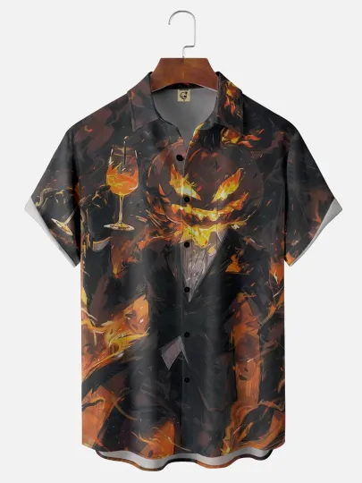 Discover Moisture Wicking Halloween Pumpkin Chest Pocket Hawaiian Shirt