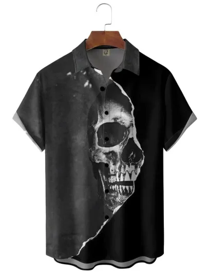 Funky Skull Front Buttons Soft Breathable Lapel Chest Pocket Hawaiian Shirt