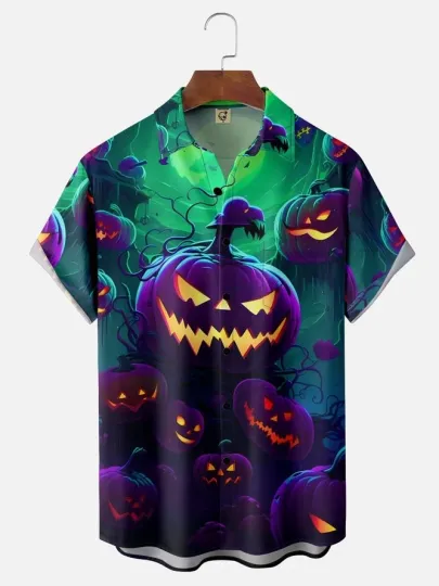 Discover Tall Size Halloween Pumpkin Chest Pocket Holiday Shirt Hawaiian Shirt