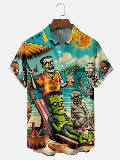 Discover Moisture-Wicking Halloween Skull Chest Pocket Hawaiian Shirt