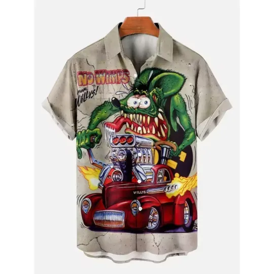 Discover Rat Fink Hawaiian Shirt Men Summer Cartoon Racing Car Flame