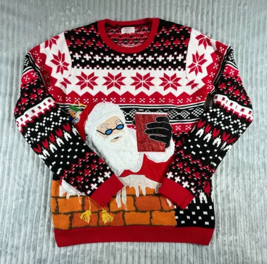 Discover Holiday Time Knit Sweater Men's L Embroidered Santa Cheers Drink Holder Ugly