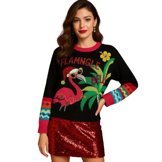 Discover Major Label Group Ugly Christmas Sweater Black Pink Flamingo Flamingle Bells