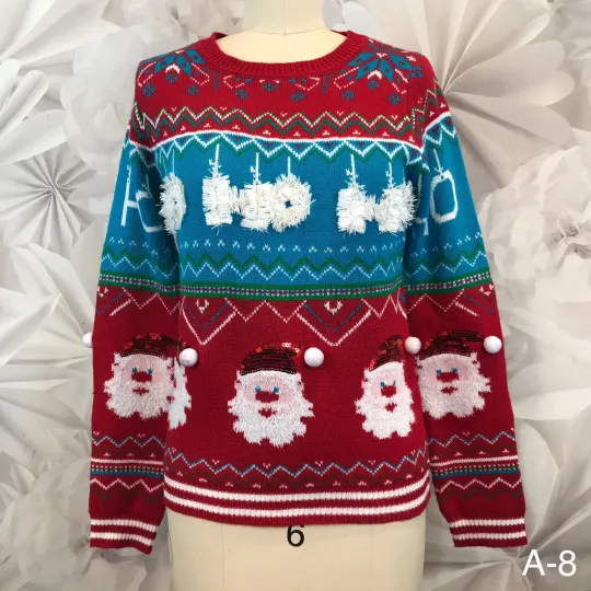 Discover "Ho Ho Ho" Ugly Christmas Sweater No Boundaries Sz M (7-9) Santa Heads Red Teal