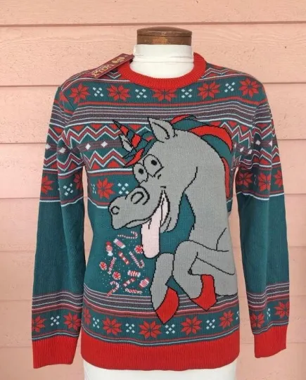 Discover UNICORN UGLY CHRISTMAS SWEATER Sz S Soft EZ Care Teal Orange Gray White NEW