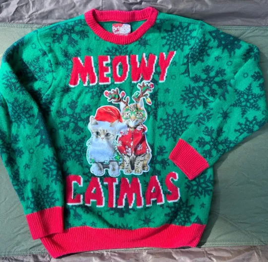Ugly Christmas Party Sweater December 25 Meowy Catmas Large Reindeer Cats