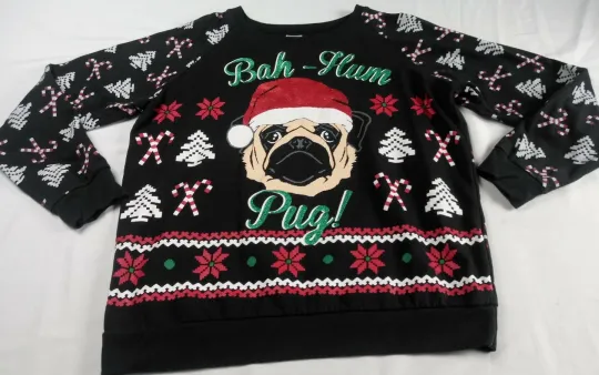 Discover Freeze Holiday Ugly Christmas Sweater Candy Canes “Bah-Hum Pug” Womens Sz XL